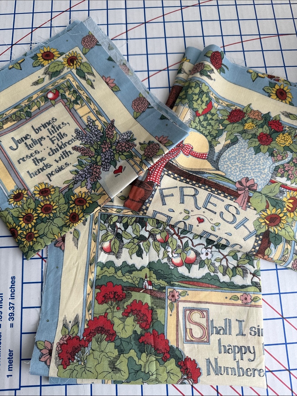 Vintage 1994 Susan Winget Garden Fabric Panels Lot of 3 Country Cottage Floral